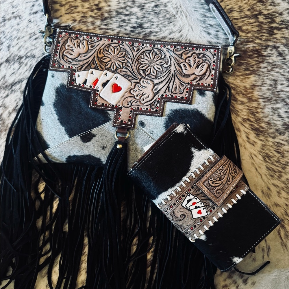 Western Fringe Cowhide Bag and Wallet Set